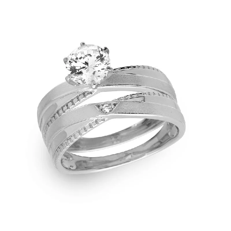 Silver 925 Rhodium Plated Round Solitaire Trio Bridal Ring - GMR00180