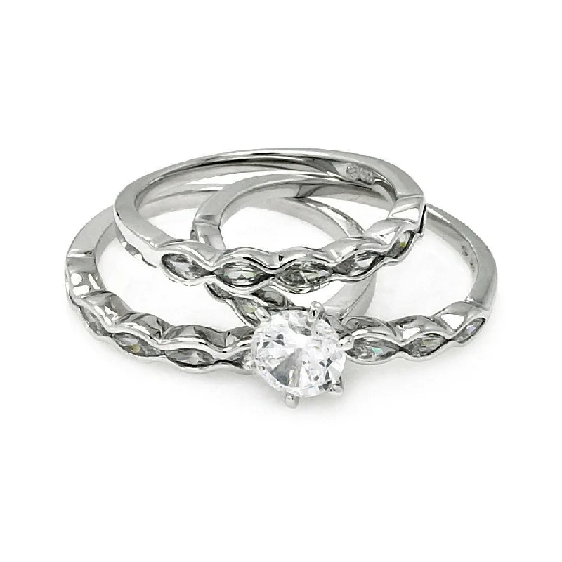 Silver 925 Rhodium Plated Clear Round Center CZ Bridal Ring Set - BGR00507