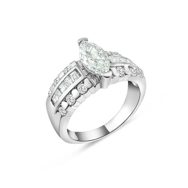 Clearance-Silver 925 Rhodium Plated Clear Marquise Center Channel Set Square CZ Bridal Ring - BGR00010