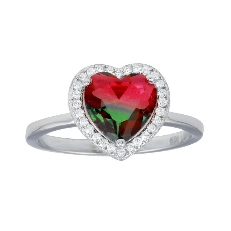 Rhodium Plated 925 Sterling Silver Heart Green to Red Gradient CZ Ring - STR01111