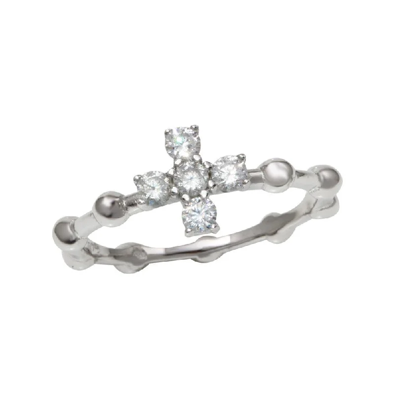 Rhodium Plated 925 Sterling Silver Beaded Shank CZ Cross Ring - BGR01193