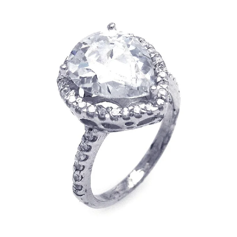 Silver 925 Rhodium Plated Clear Pear Center and Cluster CZ Ring - STR00386CLR