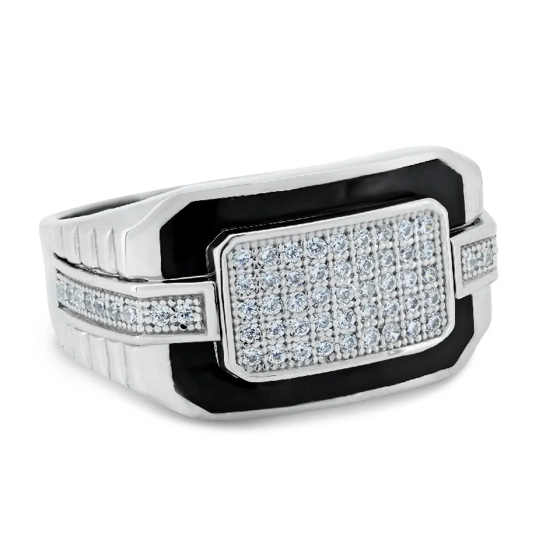 Rhodium Plated 925 Sterling Silver Multi Row CZ Black Enamel Ring - GMR00345