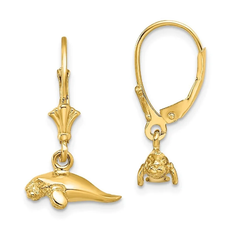 Curata 14k Yellow Gold 3 d Polished Mini Manatee Leverback Earrings 22.85x12.75mm