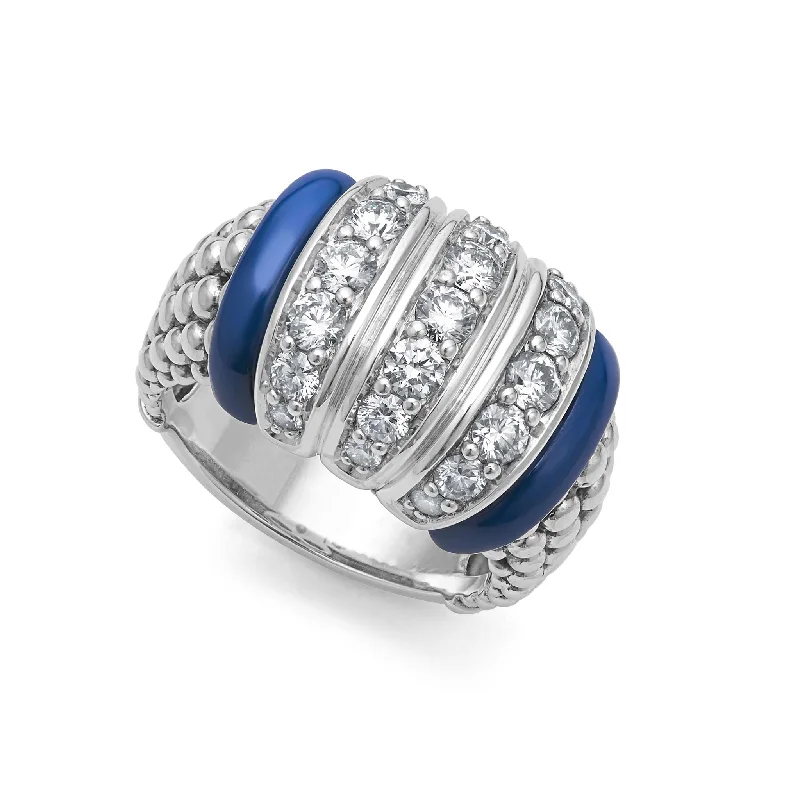 Blue Caviar Ultramarine Three Station Ceramic Caviar Diamond Ring