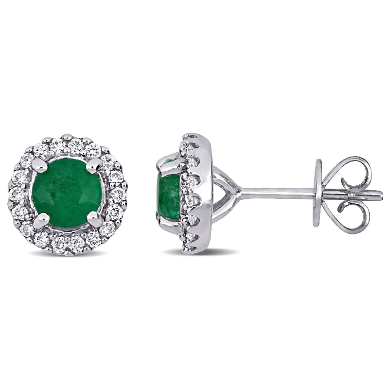 Miadora 14k White Gold Emerald and 1/3ct TDW Diamond Halo Stud Earrings - 9mm x 9mm x 6mm