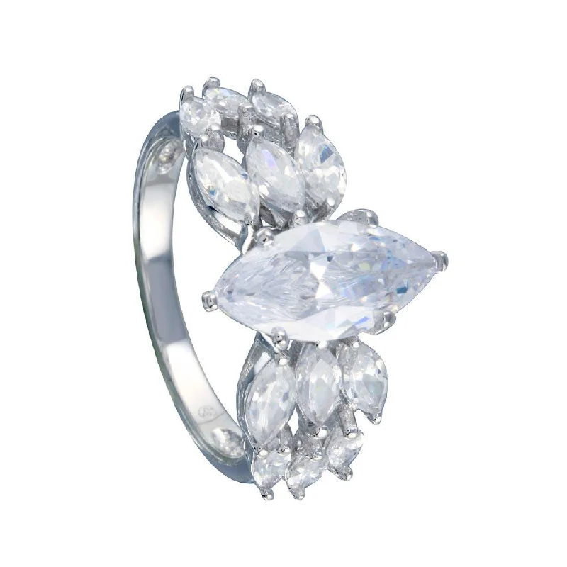 Rhodium Plated 925 Sterling Silver Clear Marquise Center CZ Bridal Ring - BGR00255