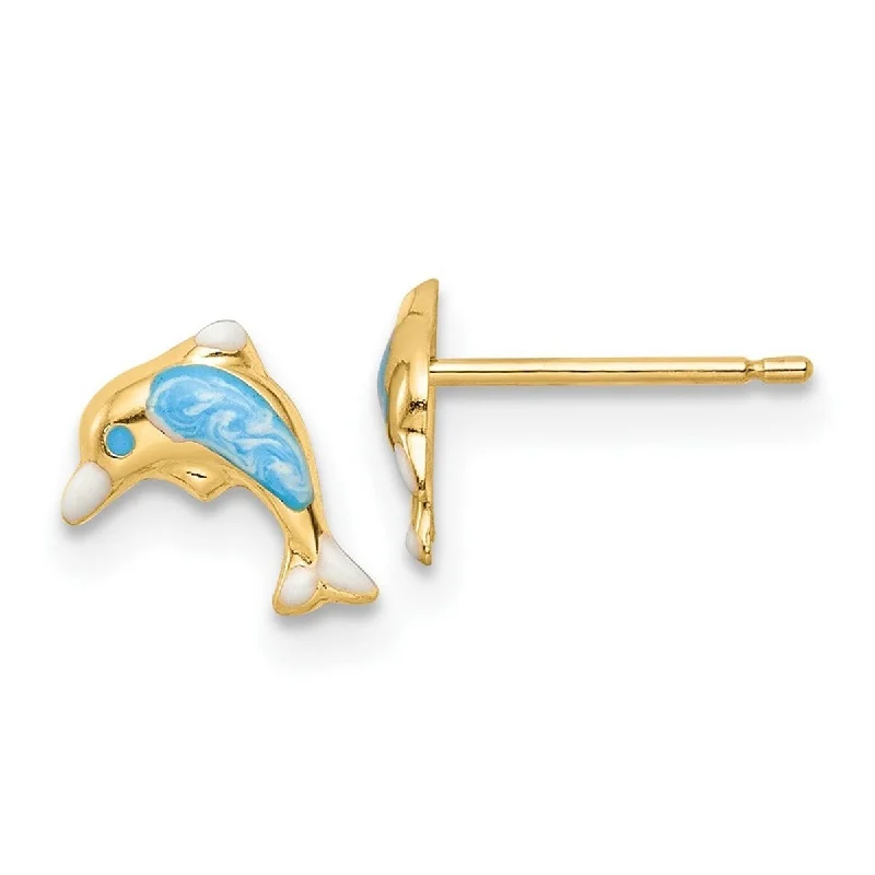 Curata 14k Yellow Gold Polished Enameled Dolphin Post Earrings 8.65x6.18mm