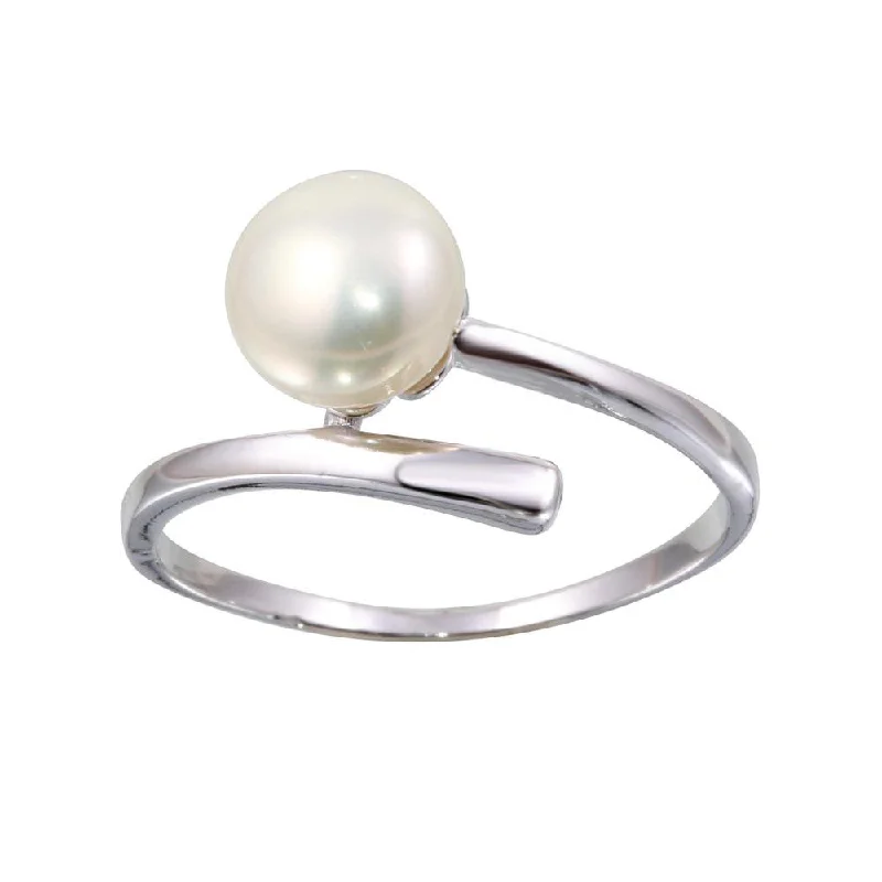 Rhodium Plated 925 Sterling Silver Fresh Water Pearl Center Ring - BGR01143