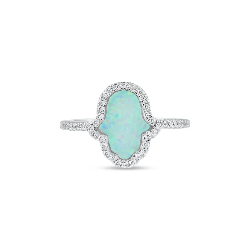 Rhodium Plated 925 Sterling Silver Hamsa Opal CZ Ring - BGR01356