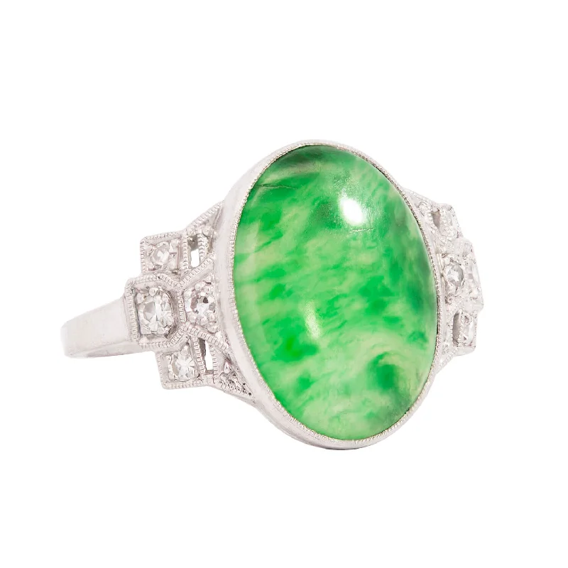 Edwardian Platinum Jade + Diamond Ring