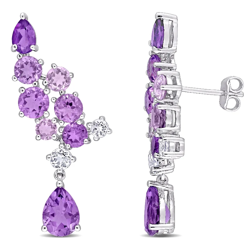 Miadora Sterling Silver Pear-cut Amethyst Rose de France & White Topaz Abstract Clustered Earrings