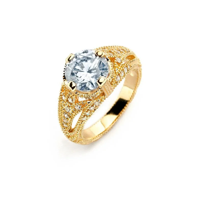 Silver 925 Gold Plated Clear Center CZ Bridal Ring - BGR00740