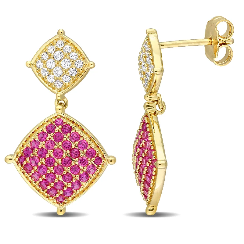 Miadora Created White Sapphire and Ruby Geometrical Earrings in Yellow Gold Plated Sterling Silver