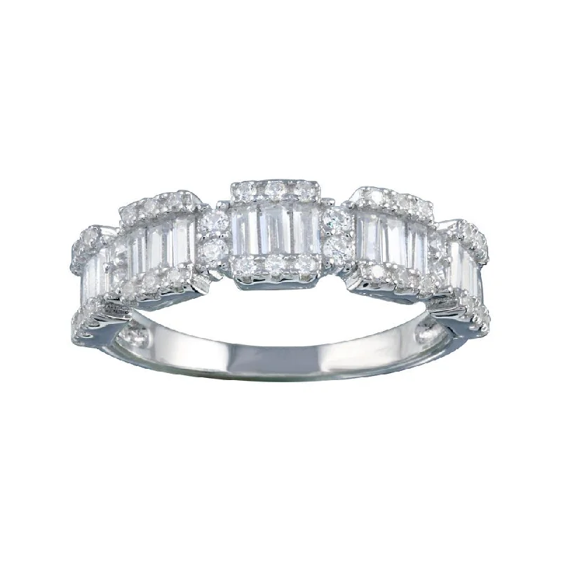 Rhodium Plated 925 Sterling Silver 5 Station Baguette CZ Ring - BGR01312