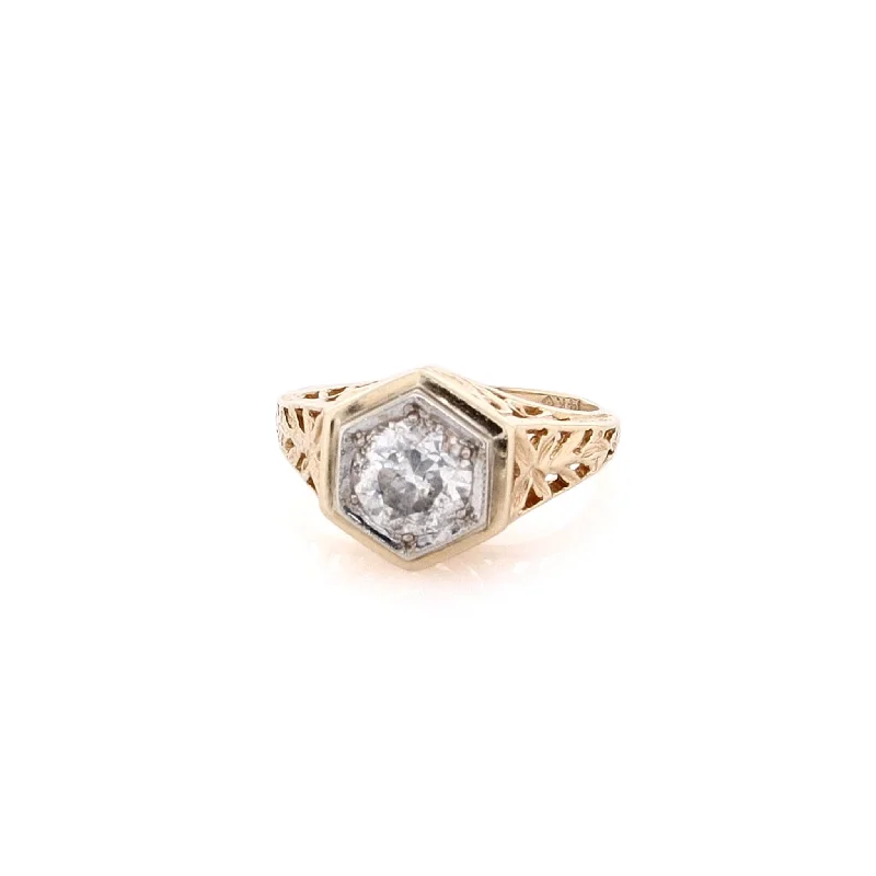 Estate 14 Karat Two-Tone Hexagonal and Filagree Diamond Ring