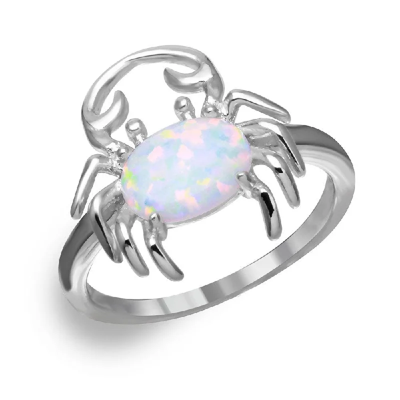 Silver 925 Rhodium Plated Crab Design Ring with Synthetic Opal and CZ - BGR01050