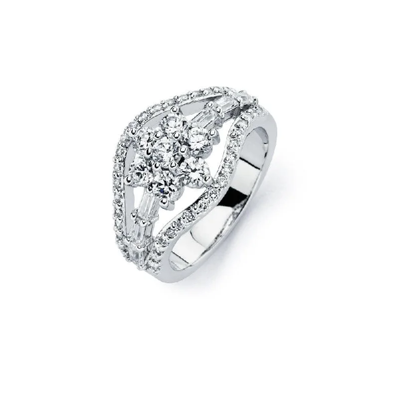 Silver 925 Rhodium Plated Clear CZ Flower Ring - BGR00721