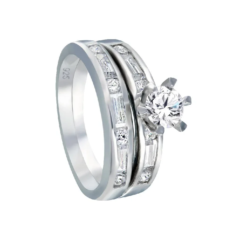 Silver 925 Rhodium Plated Clear Round and Marquise CZ Engagement Bridal Ring Set - AAR0073