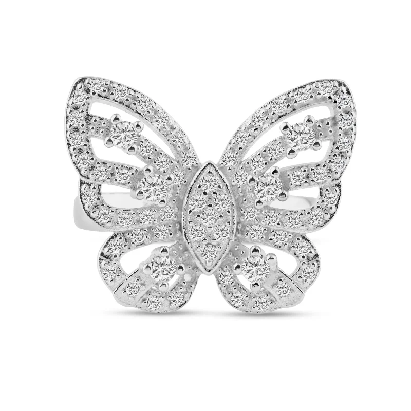 Silver 925 Rhodium Plated Pave Set CZ Butterfly Ring - STR00451