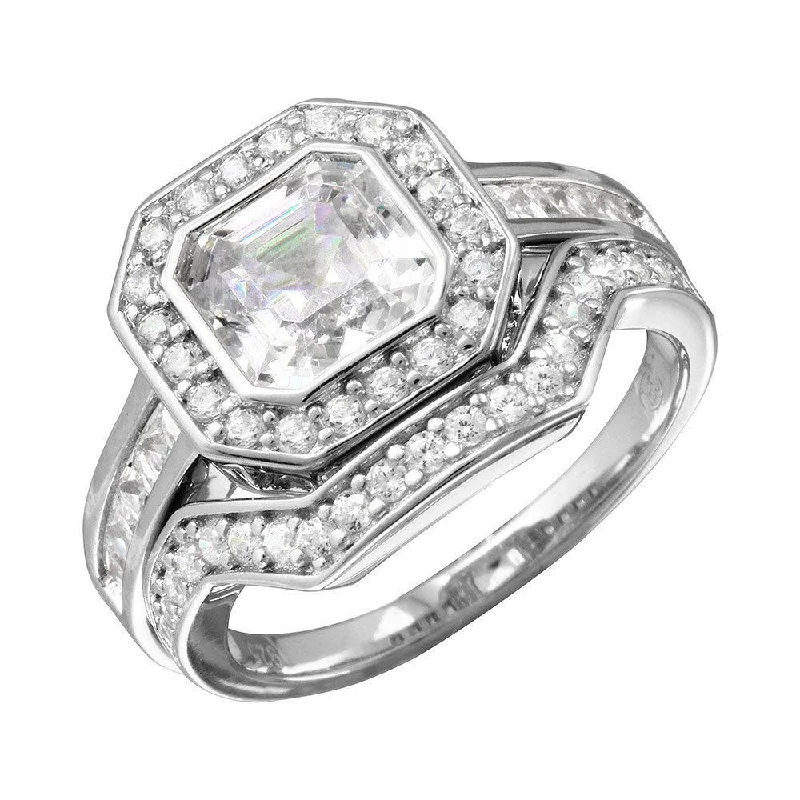 Rhodium Plated 925 Sterling Silver 2pcs CZ Square Center Bridal Ring - GMR00205