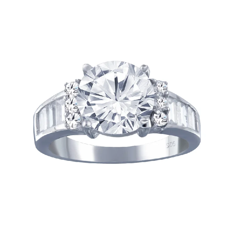 Rhodium Plated 925 Sterling Silver Clear Baguette Round Center Center CZ Bridal Ring - BGR00389