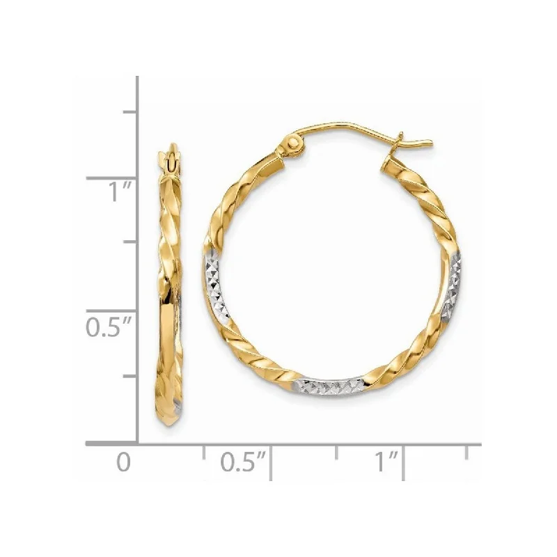 Curata 14k Yellow Gold and Rhodium Sparkle Cut 27x2mm Twisted Hoop Earrings