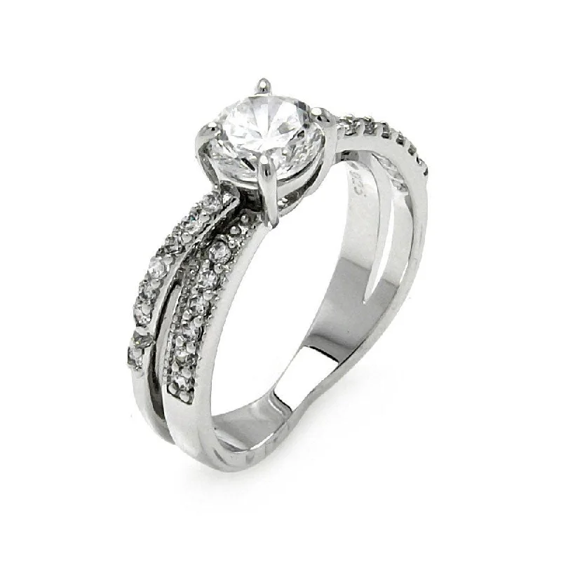 Silver 925 Rhodium Plated Clear CZ Round Overlap Bridal Ring - BGR00467