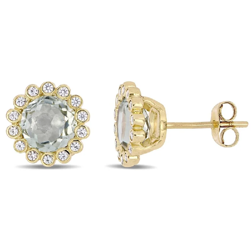 Miadora 10k Yellow Gold Green Amethyst White Sapphire Halo Stud Earrings