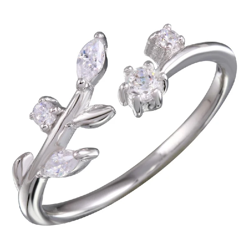 Rhodium Plated 925 Sterling Silver Stem Ring with CZ - BGR01159