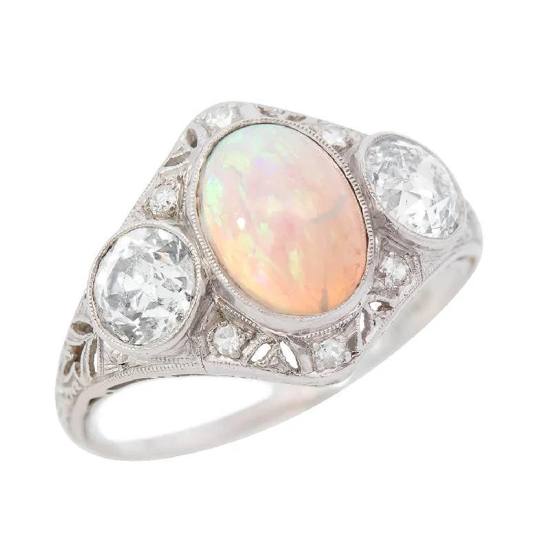 Art Nouveau Platinum Opal & 2.40ctw Diamond Ring