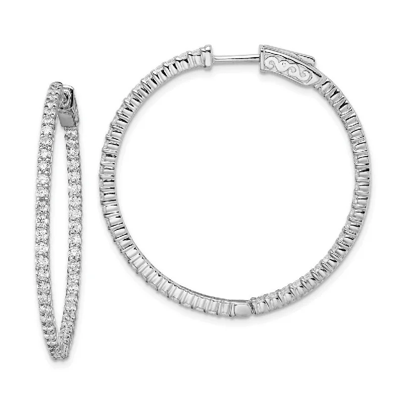 Curata 925 Sterling Silver Polished Safety clasp Rhodium Plated With CZ Cubic Zirconia Hinged Hoop Earrings