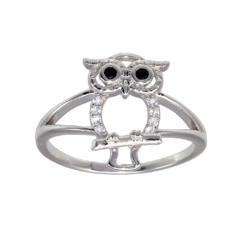 Rhodium Plated 925 Sterling Silver Owl Ring - GMR00300