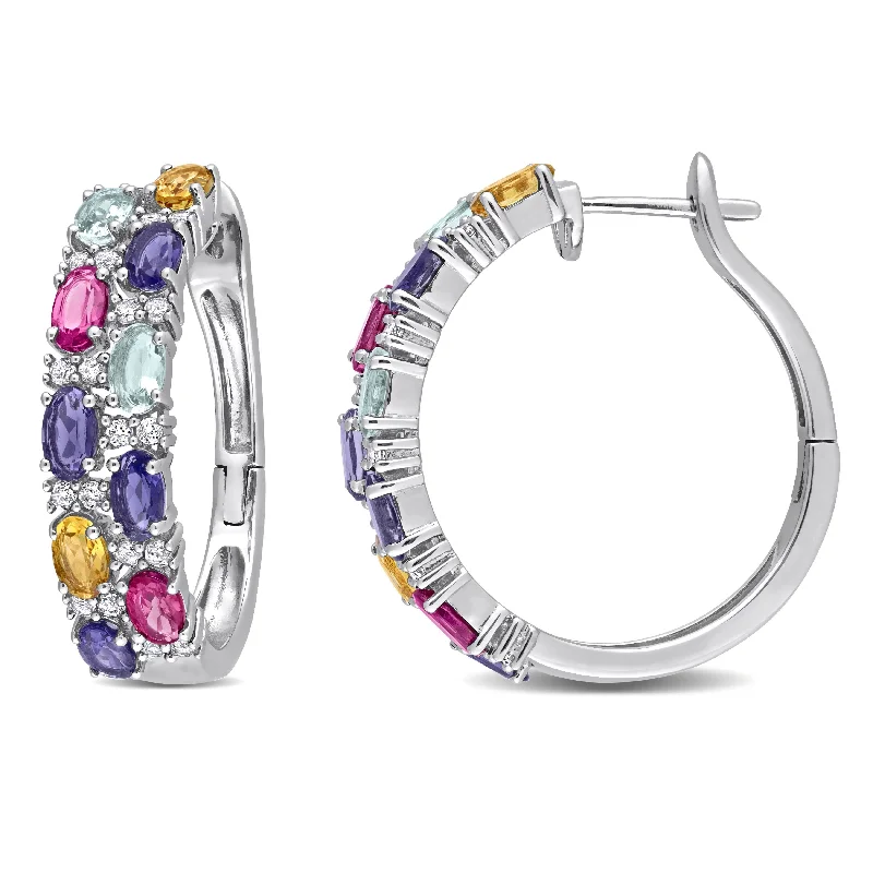 Miadora Oval-cut Multi-Gemstone Multi-Row Hoop Earrings in Sterling Silver