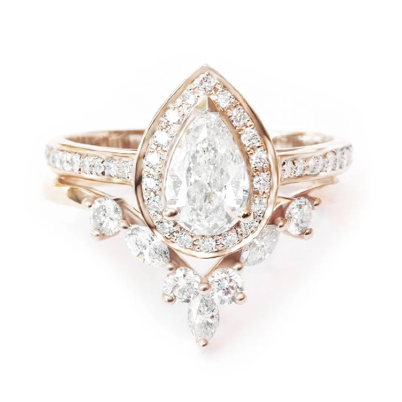 Pear Diamond Ring With One Matching Sideband, Wedding Two Rings Set  "Nia" & "Hermes"  ♥