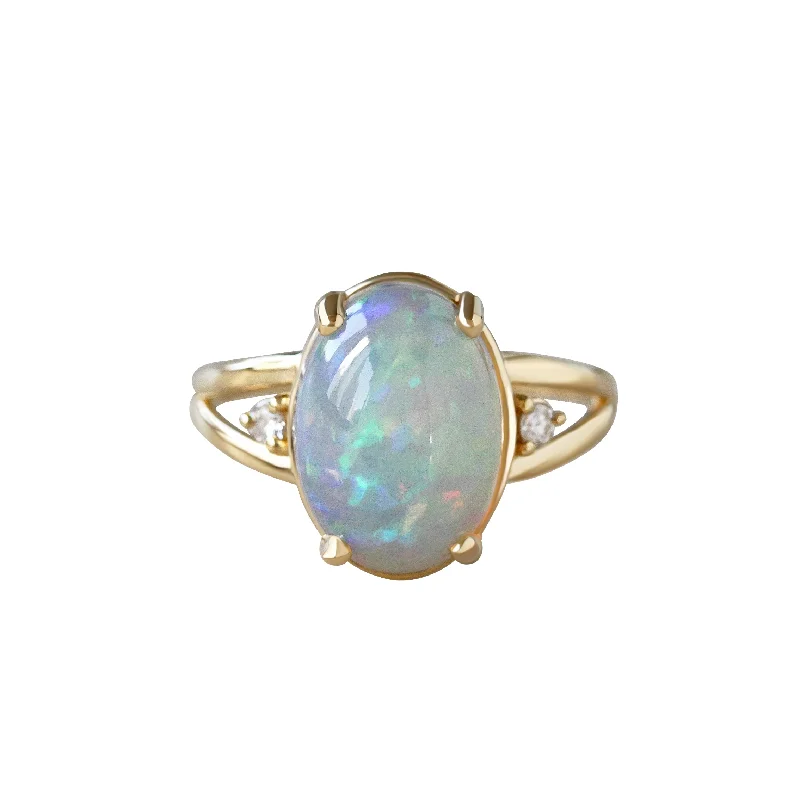 Oval Opal Cocktail Diamond Ring Yellow Gold October Birthstone