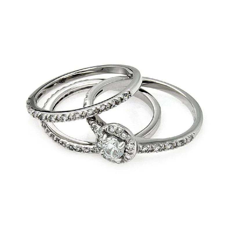 Silver 925 Rhodium Plated Clear Cluster CZ Bridal Stackable Ring Set - BGR00450