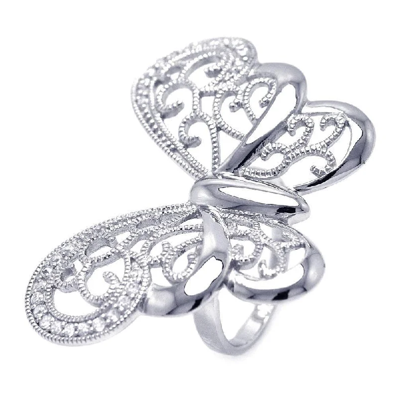 Clearance-Silver 925 Rhodium Plated CZ Large Butterfly Ring - STR00830