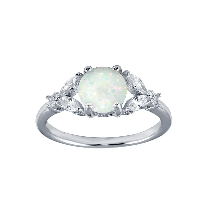 Rhodium Plated 925 Sterling Silver Flower Shank Opal Stone Ring with CZ - BGR01290