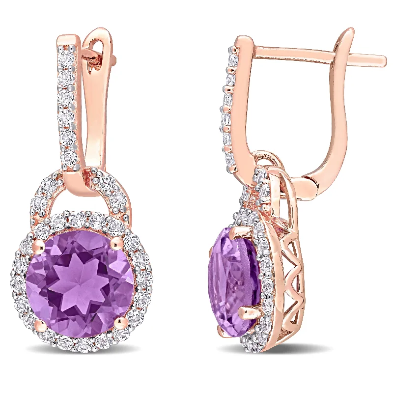 Miadora Rose Plated Sterling Silver Amethyst and White Topaz Halo Hoop Drop Earrings