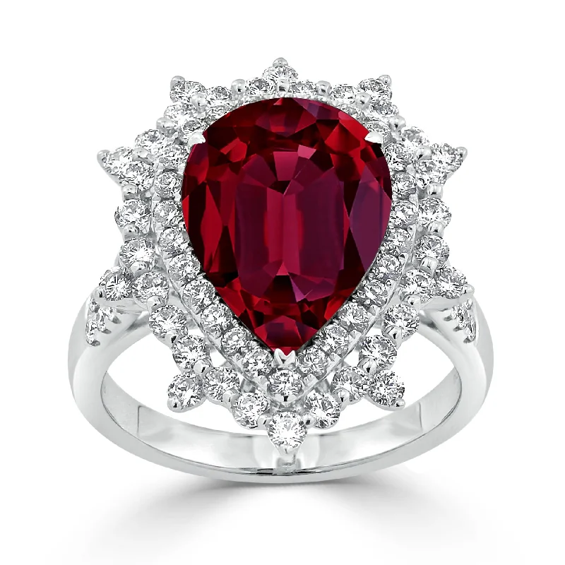 Auriya 7 1/6ct Pear-cut Red Ruby and Halo Diamond Ring 1 1/4ctw 18K Gold