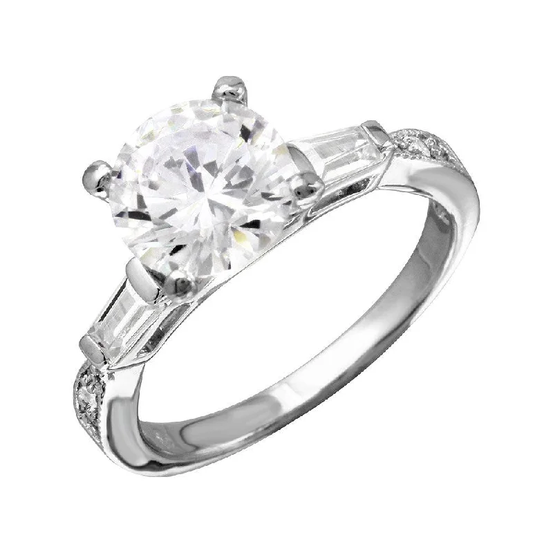 Rhodium Plated 925 Sterling Silver Round Center Baguette Shank CZ Stone Bridal Ring - BGR01094