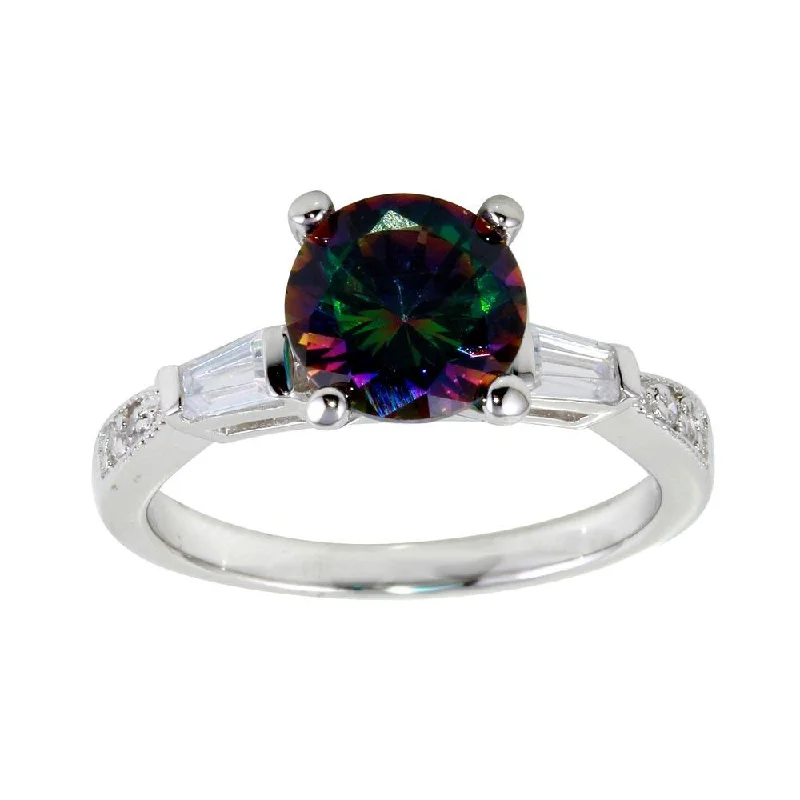 Rhodium Plated 925 Sterling Silver Oval Solitaire Synthetic Mystic Topaz Baguette Shank CZ Ring - BGR01261