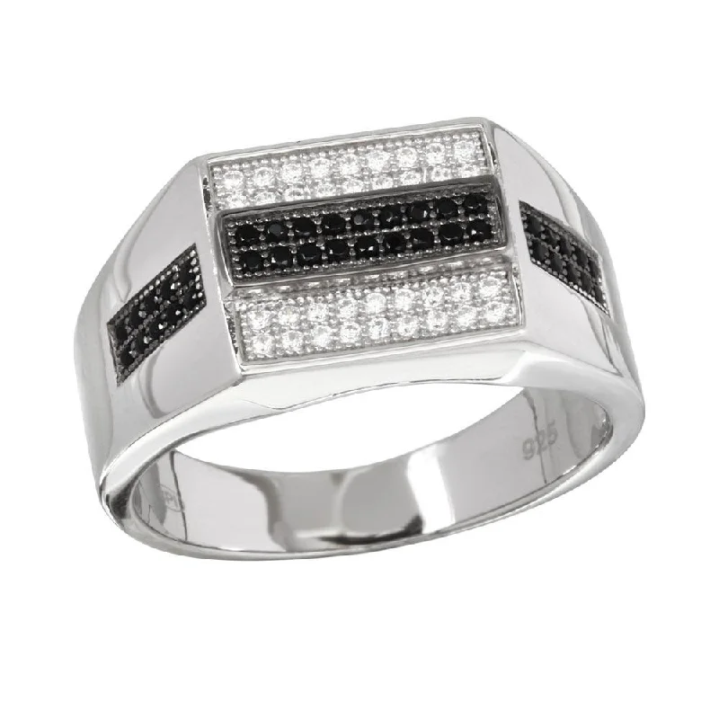 Rhodium Plated 925 Sterling Silver Rectangle Black and Clear CZ Ring - GMR00216RB