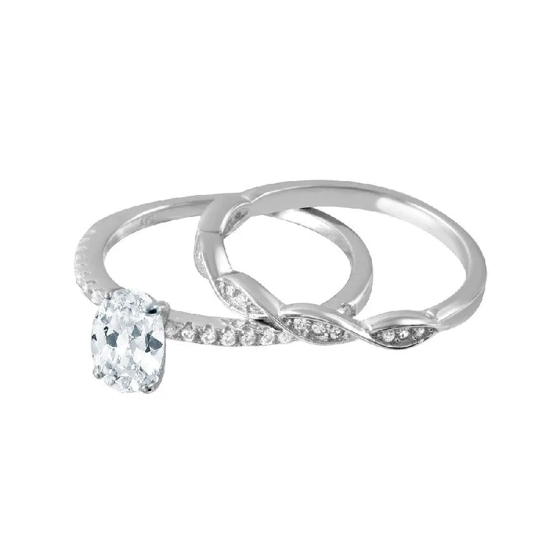 Silver 925 Rhodium Plated Clear CZ Twist Bridal Wedding Ring Set - BGR01008