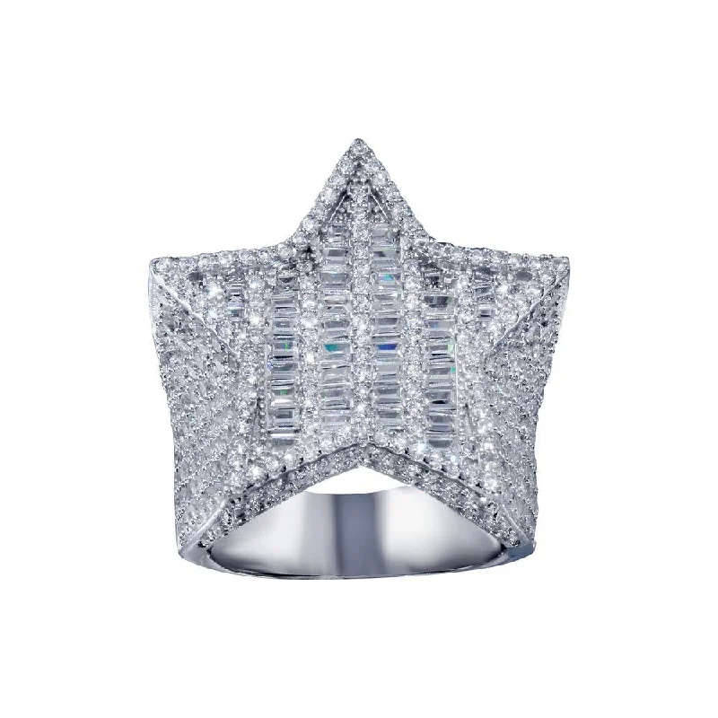 Rhodium Plated 925 Sterling Silver CZ Encrusted Star Ring  - SLR00002