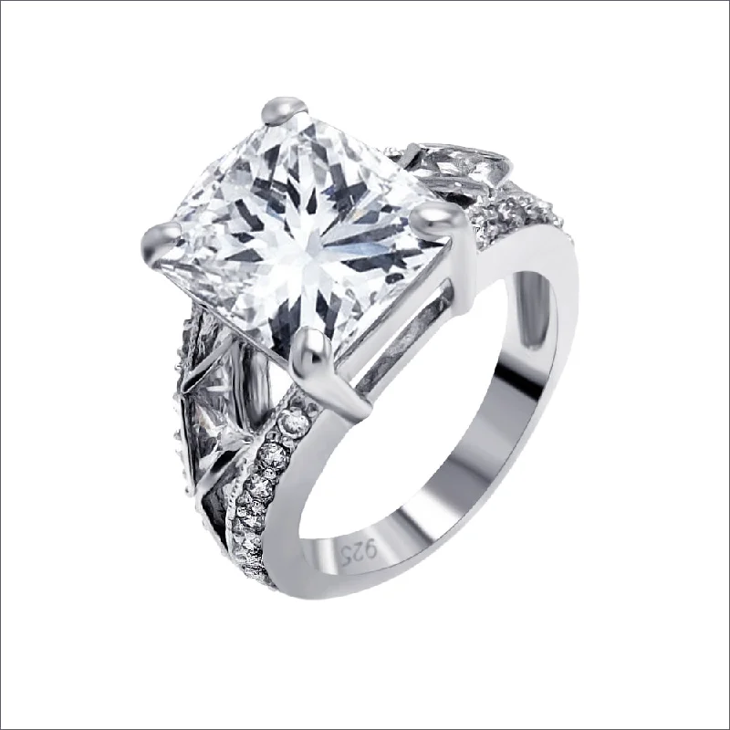 Silver 925 Rhodium Plated Clear Square Center CZ Bridal Ring - BGR00082