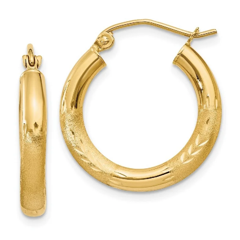 Curata 14k Yellow Gold Satin and Sparkle Cut 20x3mm Round Hoop Earrings