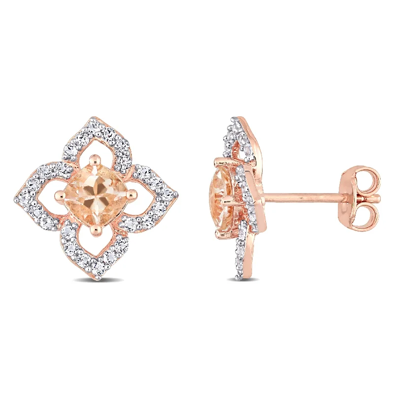 Miadora Cushion-cut Morganite and White Topaz Quatrefoil Stud Earrings Rose Plated Sterling Silver