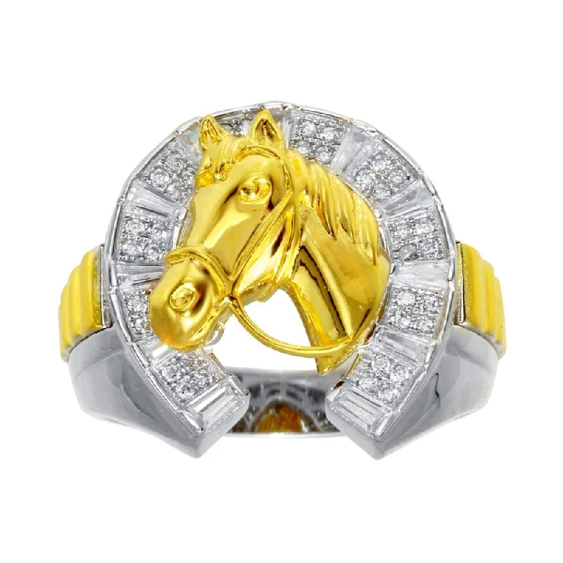 Two-Tone 925 Sterling Silver Men's 925 Sterling Silver CZ Horse Shoe Gold Horse Ring - GMR00282RG